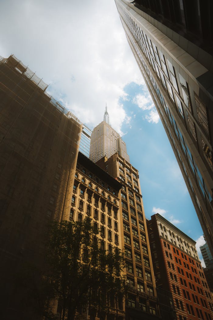 A street view of the Empire State Building with surrounding skyscrapers under a clear sky.
